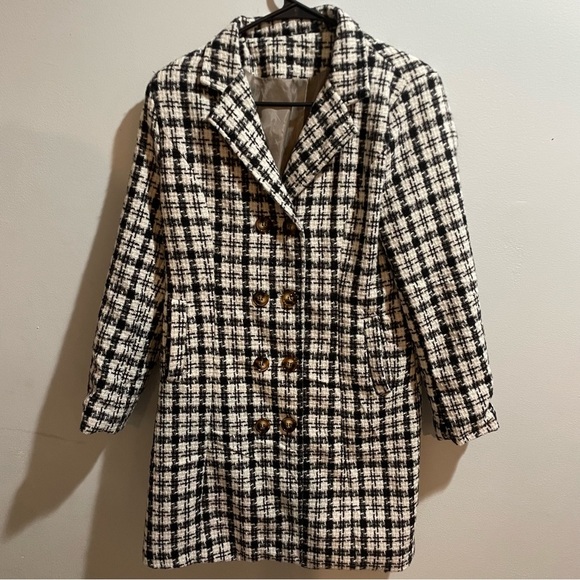 SHEIN Jackets & Blazers - Tweed Black and White Plaid Women's Medium Coat Check Button Down Fall Winter